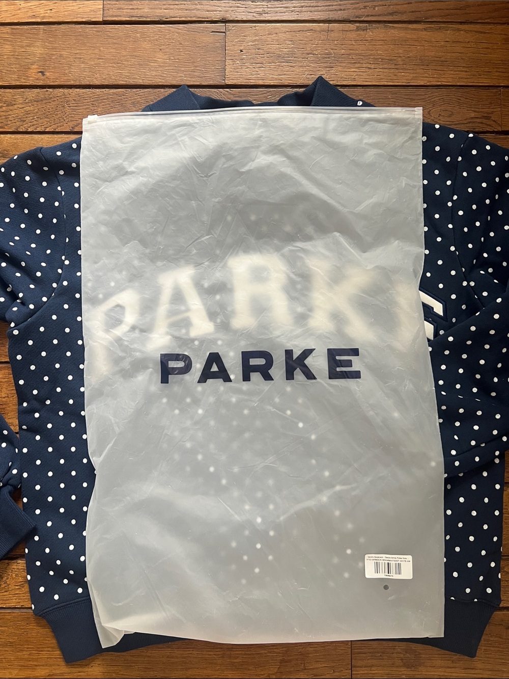 PARKE Denim White Polka Dot Varsity Mockneck Heritage Size S/M New In Bag NWT - Picture 5 of 7